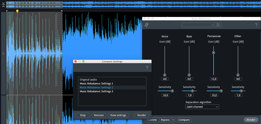 Moduł Music Rebalance pozwala dość sprawnie i z dobrą jakością zmienić proporcje w już gotowym nagraniu, a także wyizolować takie elementy aranżacji, jak wokal, bas, perkusja oraz instrumenty harmoniczne.