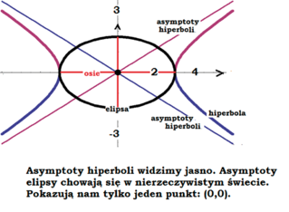 Asymptoty hiperboli widzimy jasno. Asymptoty elipsy chowają się w nierzeczywistym świecie